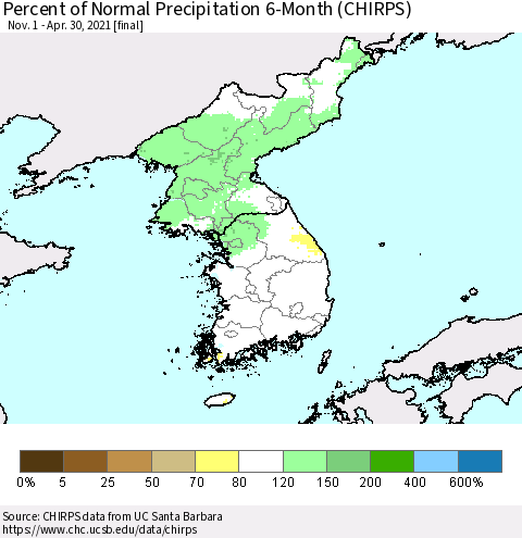 Korea Percent of Normal Precipitation 6-Month (CHIRPS) Thematic Map For 11/1/2020 - 4/30/2021