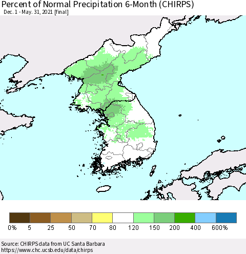 Korea Percent of Normal Precipitation 6-Month (CHIRPS) Thematic Map For 12/1/2020 - 5/31/2021