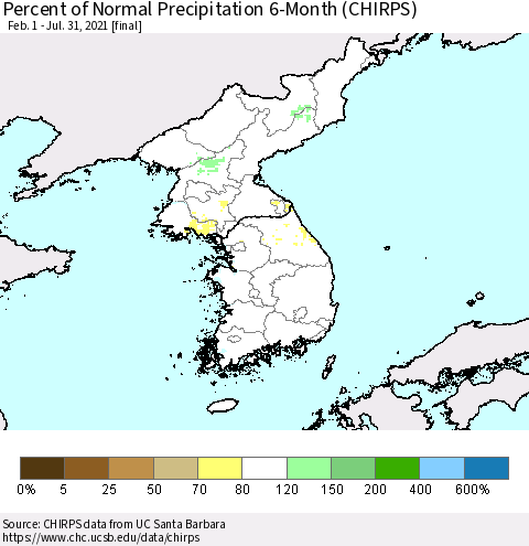 Korea Percent of Normal Precipitation 6-Month (CHIRPS) Thematic Map For 2/1/2021 - 7/31/2021