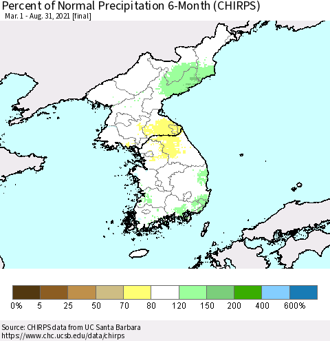 Korea Percent of Normal Precipitation 6-Month (CHIRPS) Thematic Map For 3/1/2021 - 8/31/2021