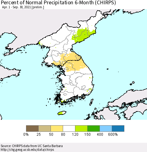 Korea Percent of Normal Precipitation 6-Month (CHIRPS) Thematic Map For 4/1/2021 - 9/30/2021