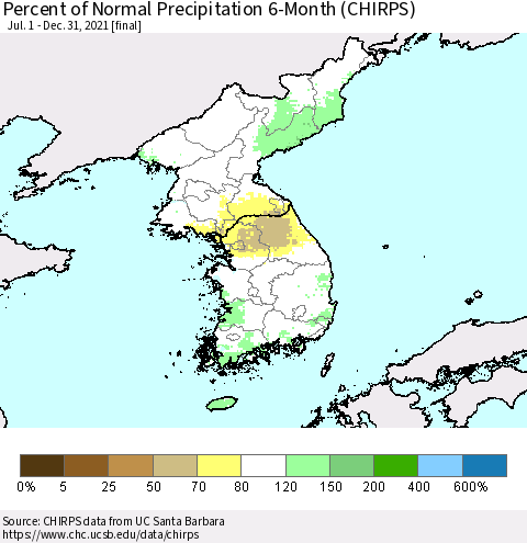 Korea Percent of Normal Precipitation 6-Month (CHIRPS) Thematic Map For 7/1/2021 - 12/31/2021