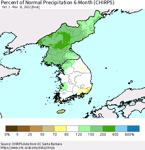 Korea Percent of Normal Precipitation 6-Month (CHIRPS) Thematic Map For 10/1/2021 - 3/31/2022