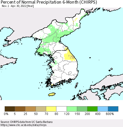 Korea Percent of Normal Precipitation 6-Month (CHIRPS) Thematic Map For 11/1/2021 - 4/30/2022