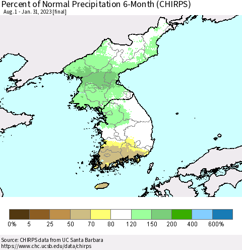 Korea Percent of Normal Precipitation 6-Month (CHIRPS) Thematic Map For 8/1/2022 - 1/31/2023