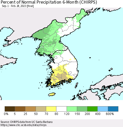 Korea Percent of Normal Precipitation 6-Month (CHIRPS) Thematic Map For 9/1/2022 - 2/28/2023