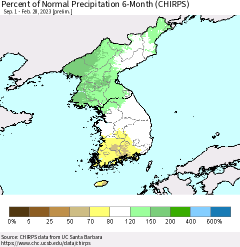 Korea Percent of Normal Precipitation 6-Month (CHIRPS) Thematic Map For 9/1/2022 - 2/28/2023