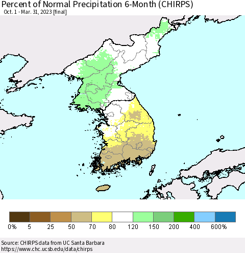 Korea Percent of Normal Precipitation 6-Month (CHIRPS) Thematic Map For 10/1/2022 - 3/31/2023