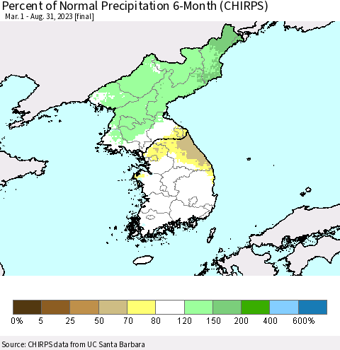 Korea Percent of Normal Precipitation 6-Month (CHIRPS) Thematic Map For 3/1/2023 - 8/31/2023
