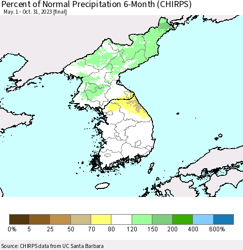 Korea Percent of Normal Precipitation 6-Month (CHIRPS) Thematic Map For 5/1/2023 - 10/31/2023