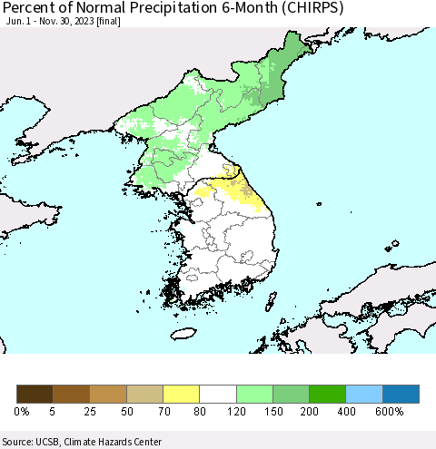 Korea Percent of Normal Precipitation 6-Month (CHIRPS) Thematic Map For 6/1/2023 - 11/30/2023
