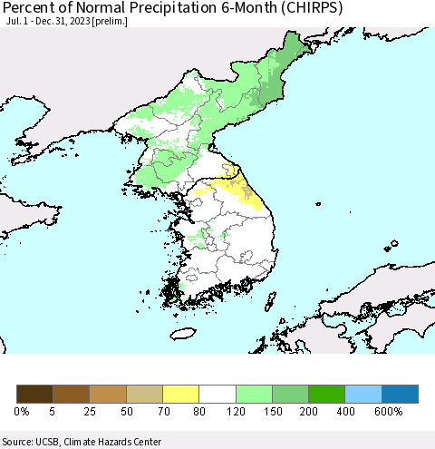 Korea Percent of Normal Precipitation 6-Month (CHIRPS) Thematic Map For 7/1/2023 - 12/31/2023