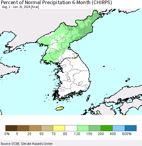 Korea Percent of Normal Precipitation 6-Month (CHIRPS) Thematic Map For 8/1/2023 - 1/31/2024