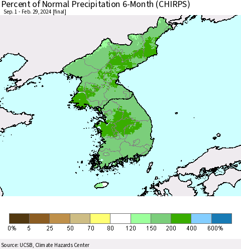 Korea Percent of Normal Precipitation 6-Month (CHIRPS) Thematic Map For 9/1/2023 - 2/29/2024
