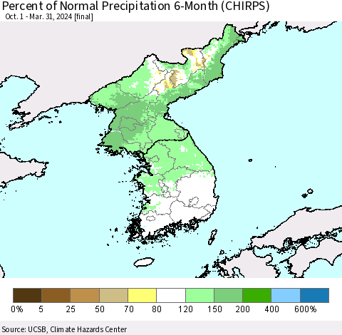 Korea Percent of Normal Precipitation 6-Month (CHIRPS) Thematic Map For 10/1/2023 - 3/31/2024