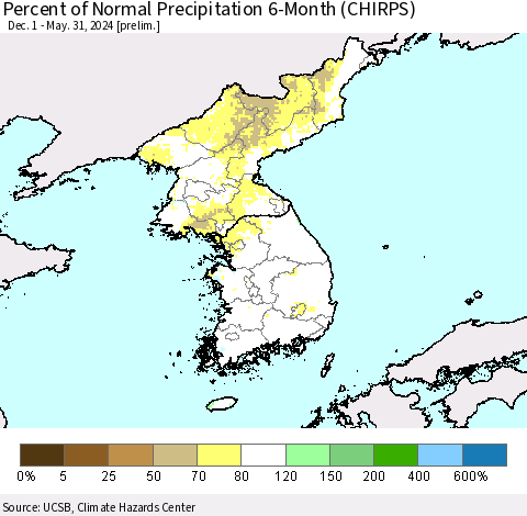 Korea Percent of Normal Precipitation 6-Month (CHIRPS) Thematic Map For 12/1/2023 - 5/31/2024