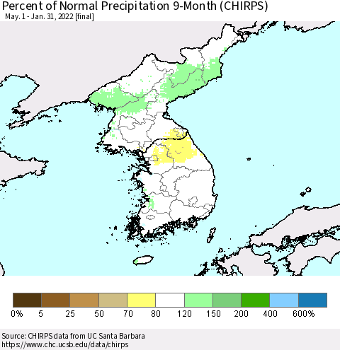 Korea Percent of Normal Precipitation 9-Month (CHIRPS) Thematic Map For 5/1/2021 - 1/31/2022