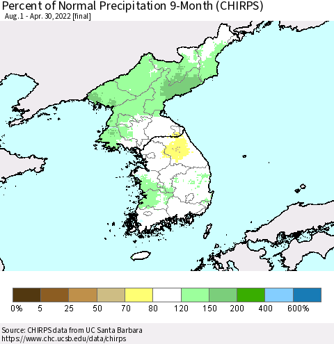 Korea Percent of Normal Precipitation 9-Month (CHIRPS) Thematic Map For 8/1/2021 - 4/30/2022