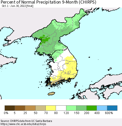 Korea Percent of Normal Precipitation 9-Month (CHIRPS) Thematic Map For 10/1/2021 - 6/30/2022