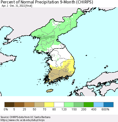 Korea Percent of Normal Precipitation 9-Month (CHIRPS) Thematic Map For 4/1/2022 - 12/31/2022