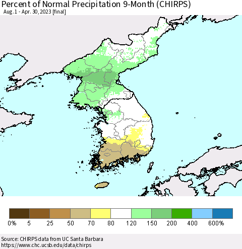 Korea Percent of Normal Precipitation 9-Month (CHIRPS) Thematic Map For 8/1/2022 - 4/30/2023