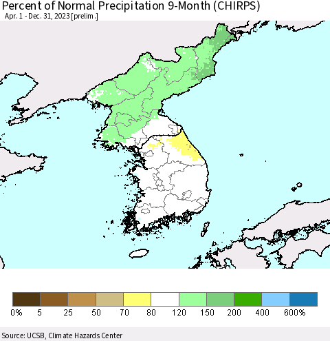 Korea Percent of Normal Precipitation 9-Month (CHIRPS) Thematic Map For 4/1/2023 - 12/31/2023