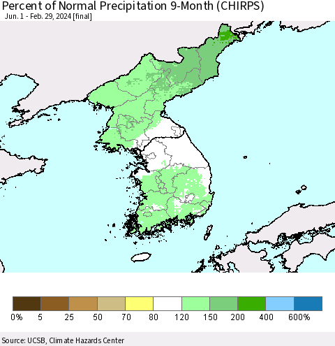 Korea Percent of Normal Precipitation 9-Month (CHIRPS) Thematic Map For 6/1/2023 - 2/29/2024