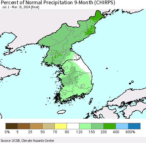 Korea Percent of Normal Precipitation 9-Month (CHIRPS) Thematic Map For 7/1/2023 - 3/31/2024