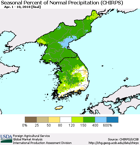 Korea Seasonal Percent of Normal Precipitation (CHIRPS) Thematic Map For 4/1/2018 - 4/10/2018