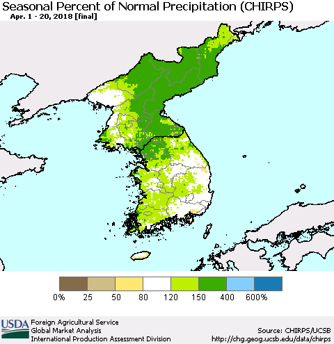 Korea Seasonal Percent of Normal Precipitation (CHIRPS) Thematic Map For 4/1/2018 - 4/20/2018