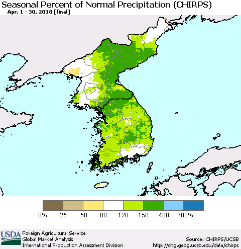 Korea Seasonal Percent of Normal Precipitation (CHIRPS) Thematic Map For 4/1/2018 - 4/30/2018