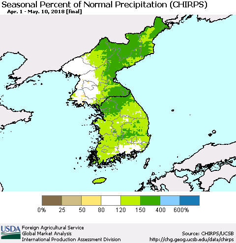 Korea Seasonal Percent of Normal Precipitation (CHIRPS) Thematic Map For 4/1/2018 - 5/10/2018