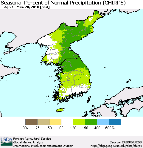 Korea Seasonal Percent of Normal Precipitation (CHIRPS) Thematic Map For 4/1/2018 - 5/20/2018