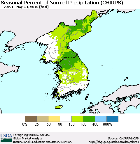 Korea Seasonal Percent of Normal Precipitation (CHIRPS) Thematic Map For 4/1/2018 - 5/31/2018