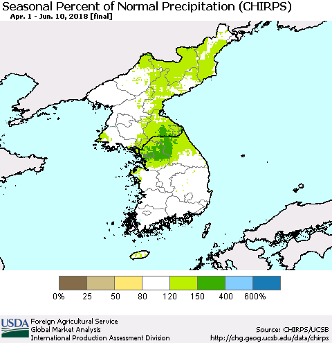 Korea Seasonal Percent of Normal Precipitation (CHIRPS) Thematic Map For 4/1/2018 - 6/10/2018