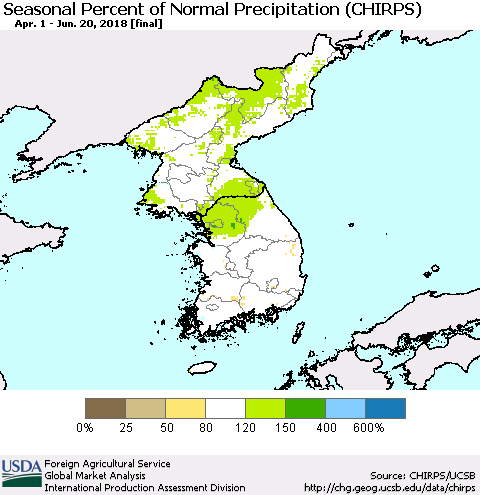 Korea Seasonal Percent of Normal Precipitation (CHIRPS) Thematic Map For 4/1/2018 - 6/20/2018