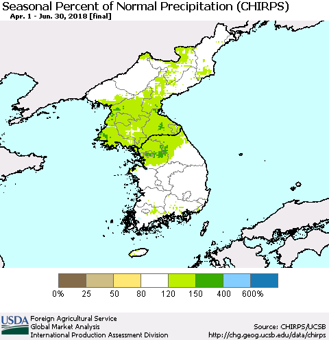 Korea Seasonal Percent of Normal Precipitation (CHIRPS) Thematic Map For 4/1/2018 - 6/30/2018