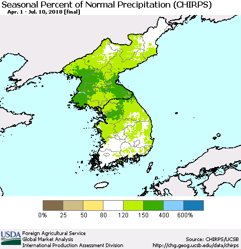 Korea Seasonal Percent of Normal Precipitation (CHIRPS) Thematic Map For 4/1/2018 - 7/10/2018