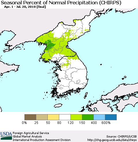 Korea Seasonal Percent of Normal Precipitation (CHIRPS) Thematic Map For 4/1/2018 - 7/20/2018