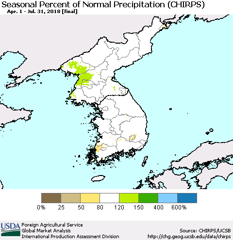 Korea Seasonal Percent of Normal Precipitation (CHIRPS) Thematic Map For 4/1/2018 - 7/31/2018
