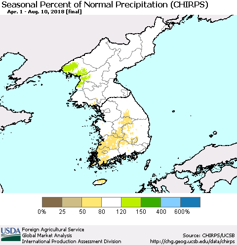 Korea Seasonal Percent of Normal Precipitation (CHIRPS) Thematic Map For 4/1/2018 - 8/10/2018