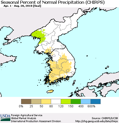 Korea Seasonal Percent of Normal Precipitation (CHIRPS) Thematic Map For 4/1/2018 - 8/20/2018