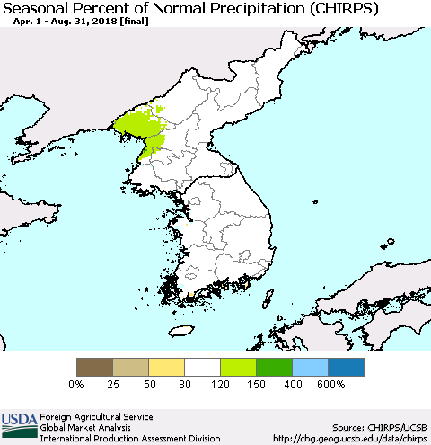 Korea Seasonal Percent of Normal Precipitation (CHIRPS) Thematic Map For 4/1/2018 - 8/31/2018