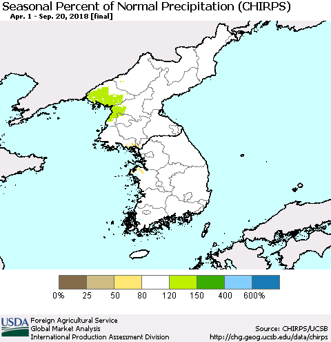 Korea Seasonal Percent of Normal Precipitation (CHIRPS) Thematic Map For 4/1/2018 - 9/20/2018
