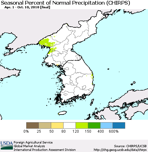 Korea Seasonal Percent of Normal Precipitation (CHIRPS) Thematic Map For 4/1/2018 - 10/10/2018