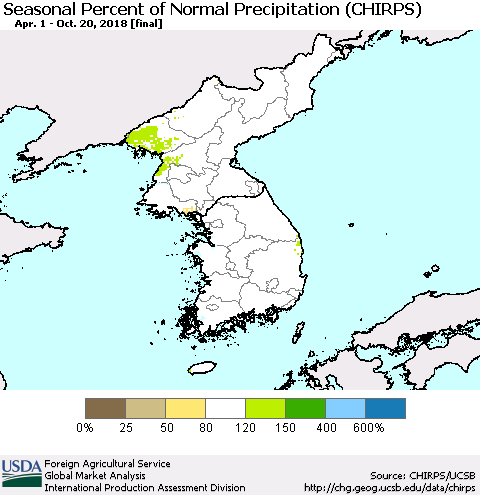 Korea Seasonal Percent of Normal Precipitation (CHIRPS) Thematic Map For 4/1/2018 - 10/20/2018
