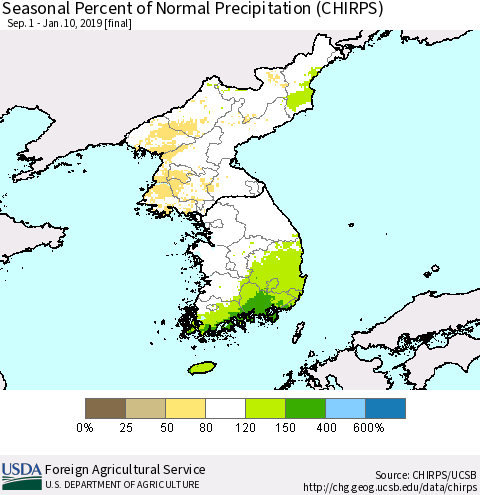 Korea Seasonal Percent of Normal Precipitation (CHIRPS) Thematic Map For 9/1/2018 - 1/10/2019