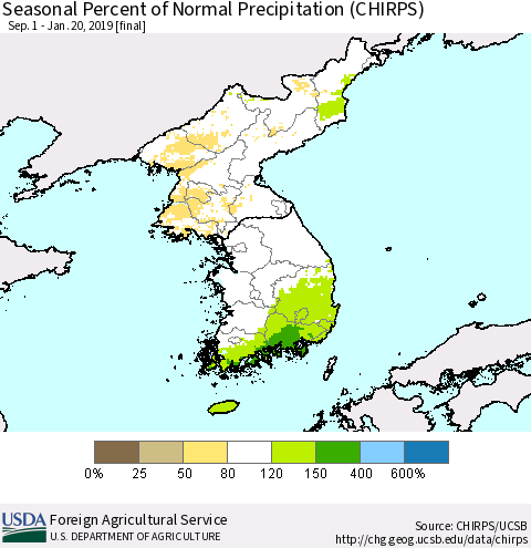 Korea Seasonal Percent of Normal Precipitation (CHIRPS) Thematic Map For 9/1/2018 - 1/20/2019