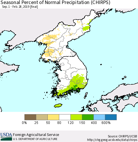 Korea Seasonal Percent of Normal Precipitation (CHIRPS) Thematic Map For 9/1/2018 - 2/28/2019
