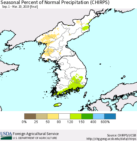 Korea Seasonal Percent of Normal Precipitation (CHIRPS) Thematic Map For 9/1/2018 - 3/20/2019